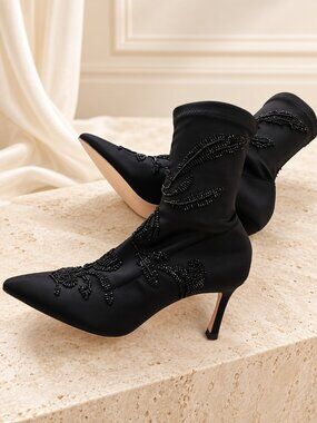Zara Basic Collection Black Satin Beaded Pointed Toe Ankle Boots EU 37 NWOB